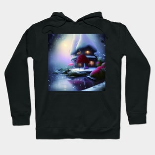 Sparkling Fantasy Cottage with Lights and Glitter Background in Snowy Scene, Scenery Nature Hoodie